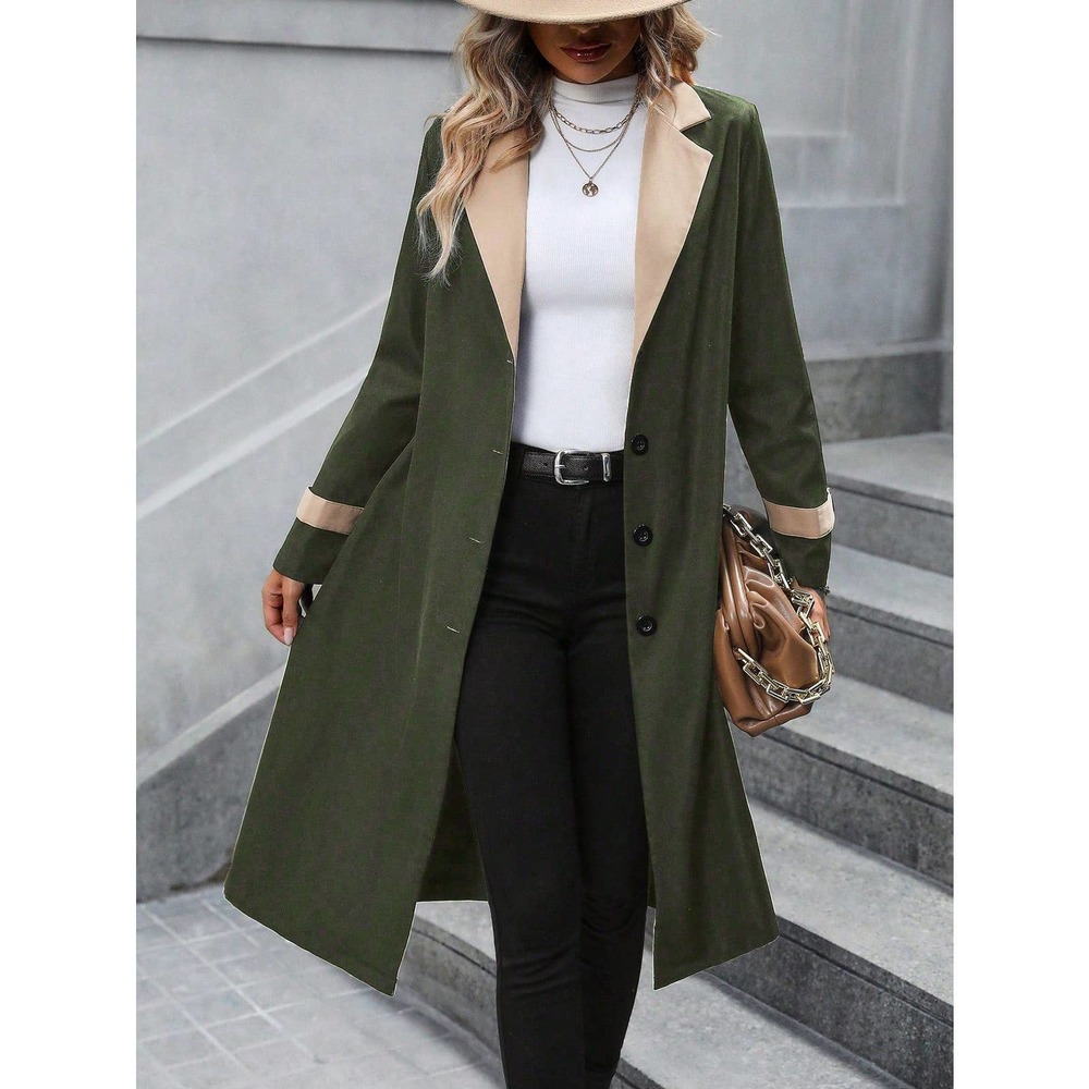 Two Tone Lapel Collar Belted Trench Coat preppy - Picture 5 of 9
